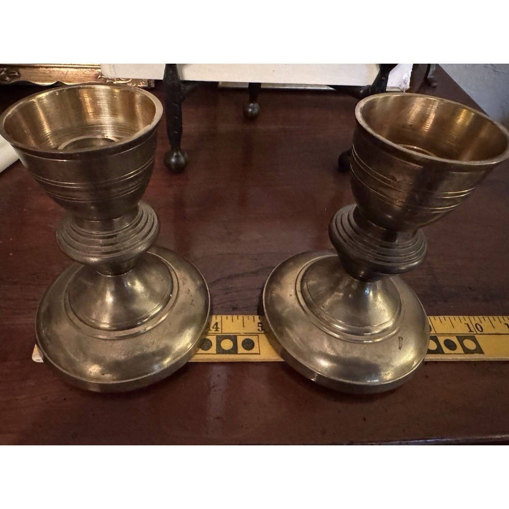 Vintage Pair Solid Brass Taper Candle Holders 5" Made in India MCM Home Decor - Picture 5 of 13